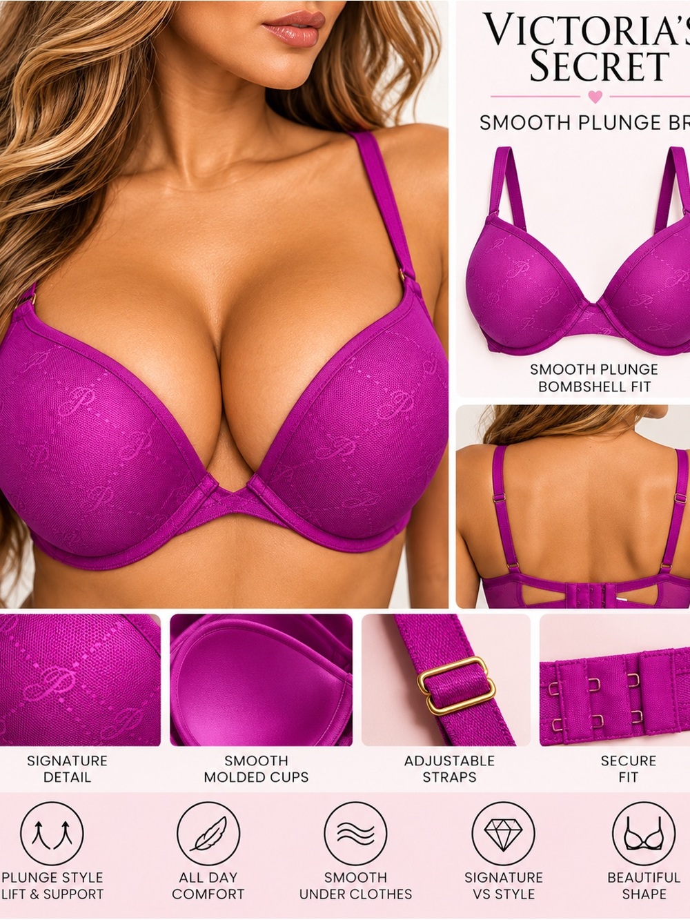 PINK Victoria's Secret Molded pushup Underwire Bra - Magenta Sz 36DD NWT